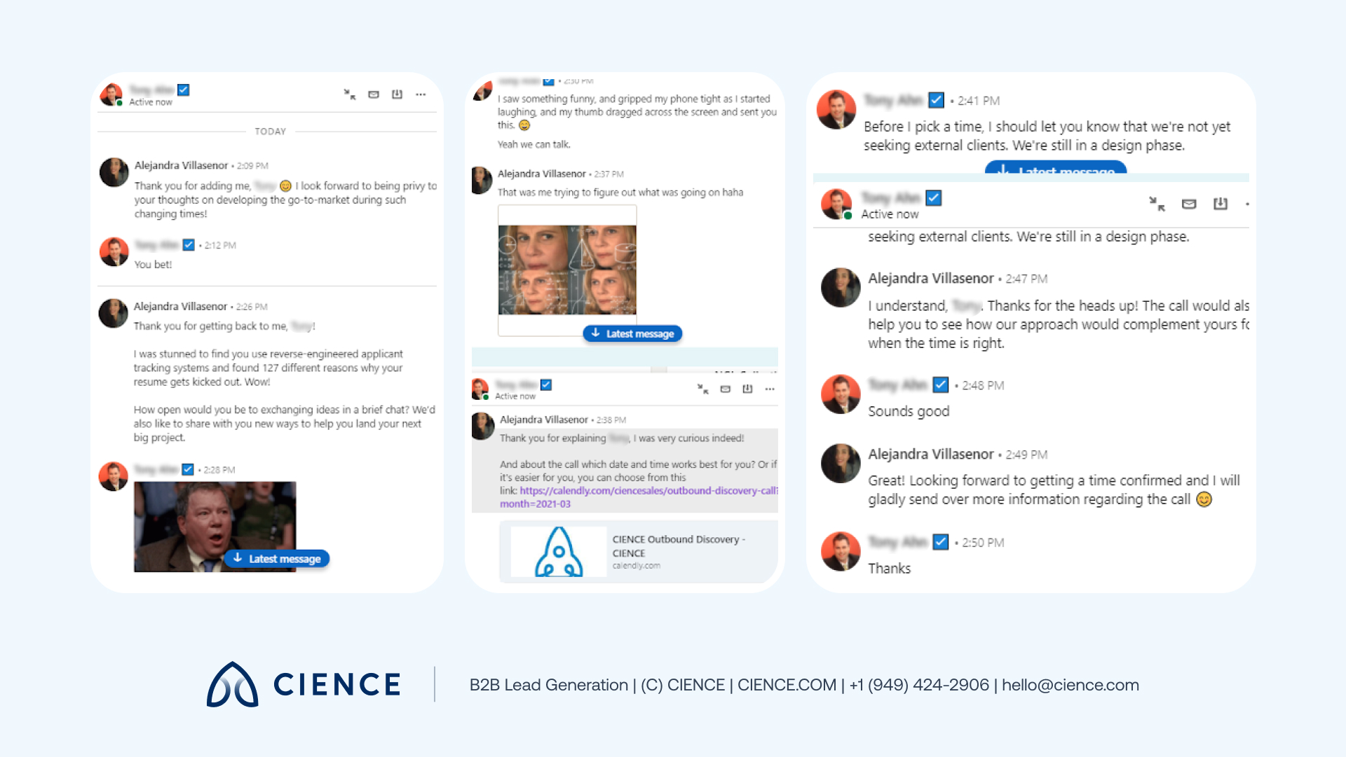 Extended LinkedIn prospecting conversation showing how to redirect an unexpected GIF response back toward a business meeting request